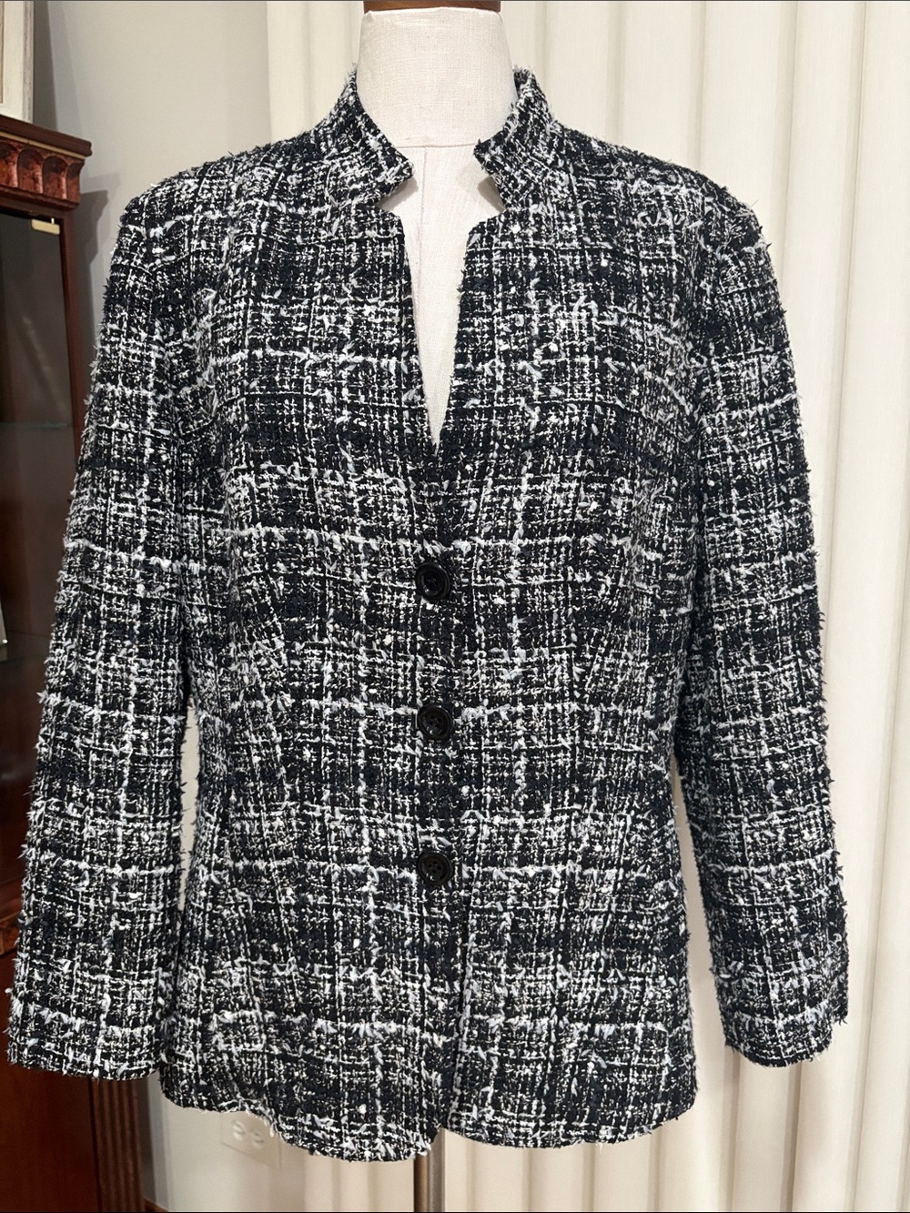 Santorelli Italy Black White Tweed textured Button-Front Jacket wool blend 16